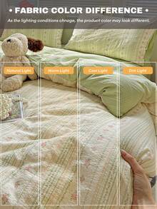 田园风花卉条纹四件套床上用品,米色底色,春夏柔和绿色,浅绿色细条纹,风格温柔休闲,适合学生宿舍/主卧/出租房,可拆卸可水洗柔软纤维双层纱布面料(1个被套+1个床单+2个枕套,不含被芯和枕芯),枕套图案随机裁剪 - 綠色 - 查看 7