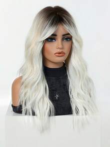 Peluca de onda corporal de 22 pulgadas con color ombre de rubio oscuro a blanco para mujeres, peluca sintética resistente al calor hecha a máquina para uso diario y citas - Multicolor - Ver 3