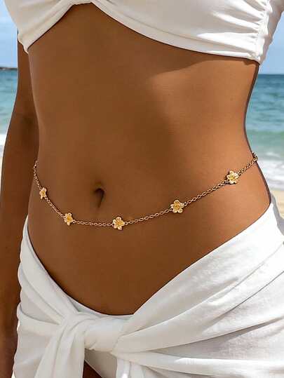 1pc Sunflower & Plumeria Shaped Bohemian Style Metal Chain Waist Belt, Classic Geometric Textured Golden Color, Suitable For Daily Wear, Party, Music Festival, Beach, Bikini, Elegant & Refined For Women
