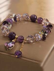 Vòng tay đá thạch anh tím tự nhiên lấp lánh thanh lịch, mặt dây chuyền hình trái tim đính đá Zirconia vuông, phong cách tối giản Pháp, vòng tay hạt co giãn có thể điều chỉnh, quà tặng cho phụ nữ, bạn gái, mẹ, Ngày của Mẹ, sinh nhật, kỷ niệm, đám cưới, đeo hàng ngày. - Màu tím - Xem 2