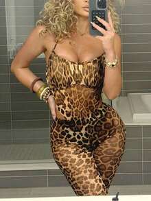 女士时尚性感豹纹无袖吊带连体衣，修身显瘦，凸显曲线，搭配高腰紧身喇叭裤，弹力面料，显瘦时尚两件套，吊带背心+长裤，夏季 - 彩色 - 查看 1