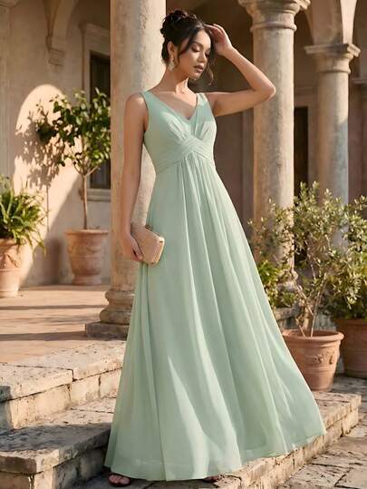 Elegant Chiffon V Neck Sleeveless Ruched Backless Maxi Formal Sage Green Bridesmaid Dresses Suitable For Weddings, Birthdays, Dinner