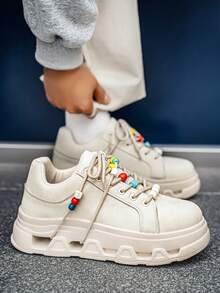 男士串珠厚底休闲运动鞋，独特系带厚底学生鞋 - 米色 - 查看 4