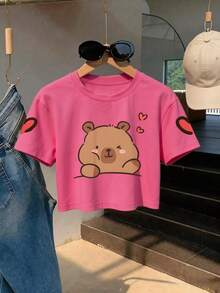 Blusa corta con estampado de capibara para adolescentes, suave y cómoda, linda camiseta de manga corta para el verano - Rosa Fucsia - Ver 1