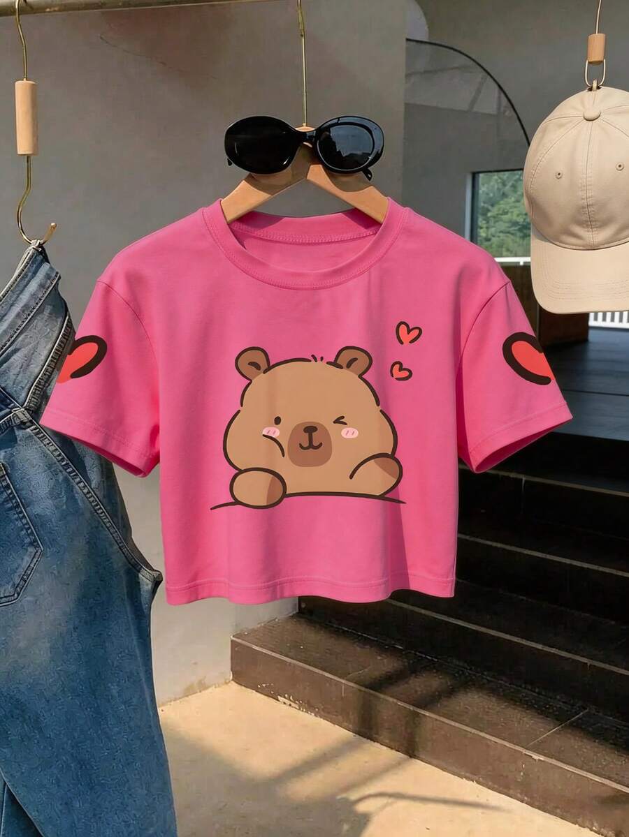 Blusa corta con estampado de capibara para adolescentes, suave y cómoda, linda camiseta de manga corta para el verano - Rosa Fucsia - Ver 1
