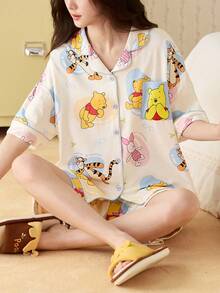 Gongdie 2pcs Disney Winnie The Pooh Women Pajama Set, 2026 Spring/Summer New Short Sleeve Loose Soft Breathable Sleepwear - Multicolor - View 6