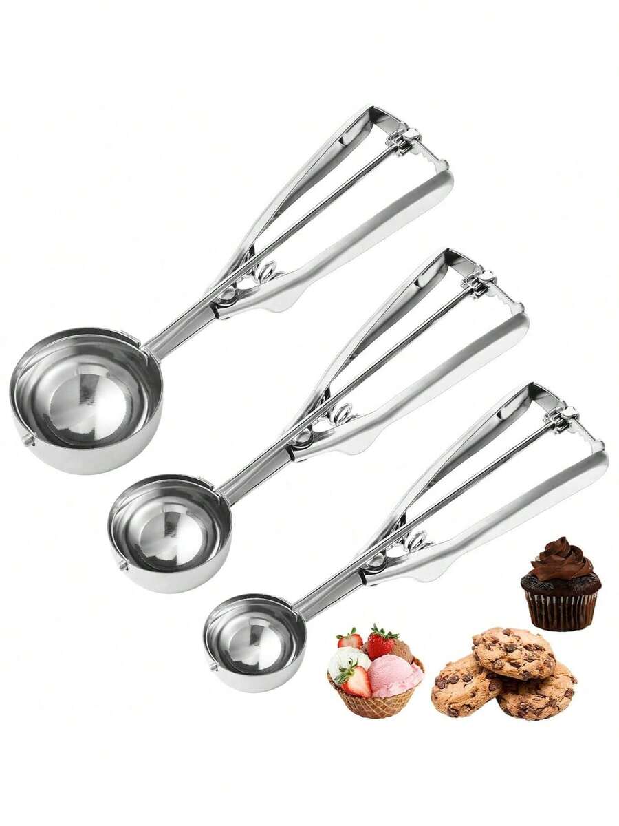 1/3pcs Ice Cream Scoop, Premium Cookie Scoop Set, Small/Medium/Large Stainless Steel Spoons, Professional Ice Cream Scoop With Trigger Release Mechanism, Suitable For Baking, Cookies, Fruits And Ice Cream - Multicolor - View 1