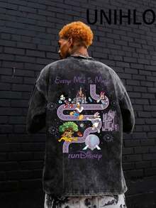 Disneyland Racetrack  Printed Summer Heavyweight Retro Washed Street Fashion Casual T-Shirt - Black - View 2