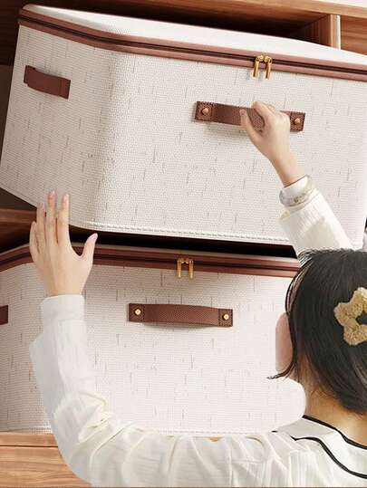 1pc Beige Linen Zipper Storage Box Cover - Foldable, Washable, Suitable For Wardrobe Storage Boxes, Clothes, Underwear, Socks, Lingerie, Suitable For Home And Study Supplies Storage Boxes. Wardrobe Storage Set, Storage And Organizer Products, Home And Daily Necessities