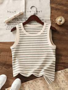 Girls' Apricot Striped Sleeveless Tank Top, Minimalist Fashion Sleeveless Blouse, Suitable For Outdoor Activities/Daily Wear, Comfortable, Machine Washable, Versatile Summer Clothing - Apricot - View 1