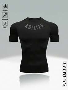 Men's Lightweight Sports T-Shirt, Quick-Dry Short Sleeve Casual Outdoor Training Tee With Printed Design, Suitable For Summer - Black - View 2