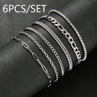 6pcs Minimalist Stainless Steel Bracelet Set For Men, Non-Fading Fashion Wristbands