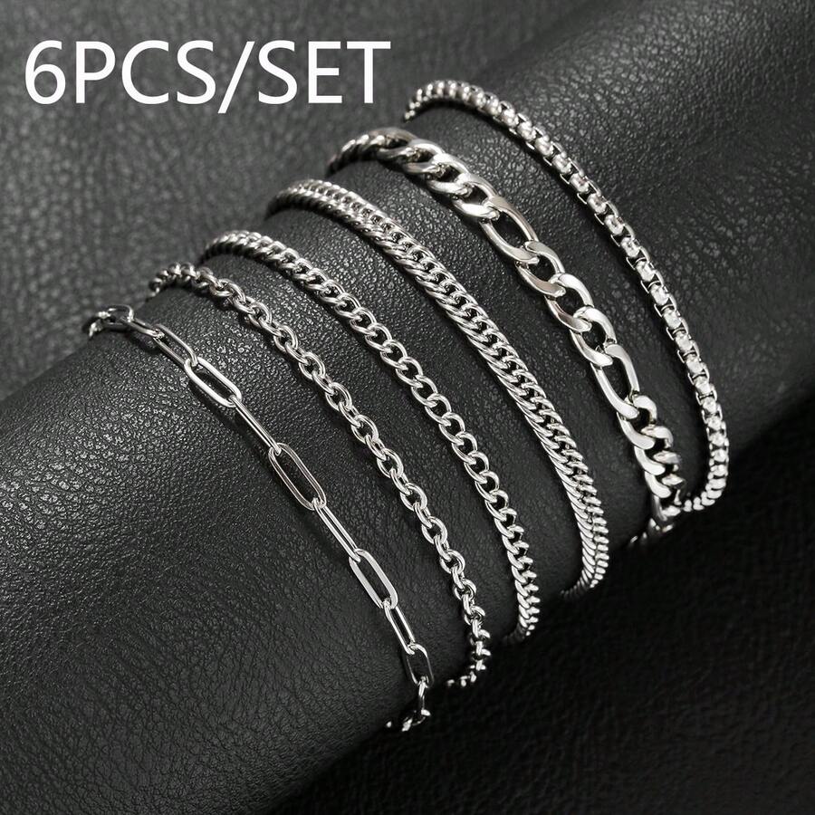 Bộ 6 vòng tay dây chuyền thép không gỉ tối giản, kiểu dáng Cuban Link Paperclip Rope, unisex, có thể xếp chồng lên nhau, chống thấm nước và chống phai màu, trang sức đeo hàng ngày cho nam và nữ. - Như hình minh họa. - Xem 1