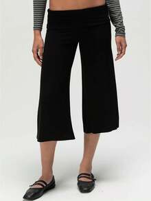 Women's Fold Over Waist Capri Fashionable Casual Solid Color Low Rise Wide Leg Crop Pants - màu đen - Xem 1