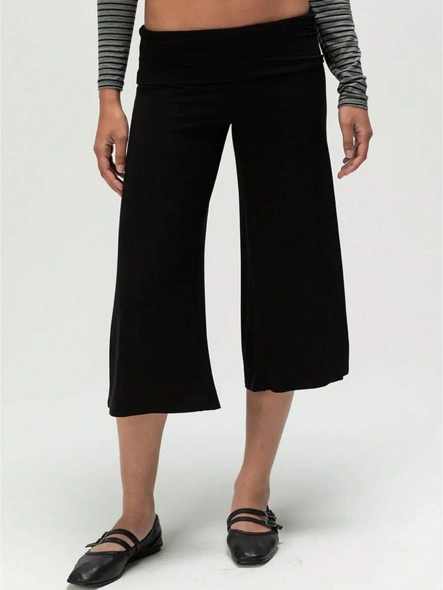 Women's Fold Over Waist Capri Fashionable Casual Solid Color Low Rise Wide Leg Crop Pants - màu đen - Xem 1