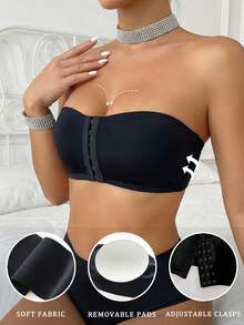 Strapless Bra, Women's Seamless Invisible Bra, One-Piece Lift-Up Bra, Front-Closure Bra, Padded Backless Breathable Wireless Bridal Bra, Lingerie - Black - View 11