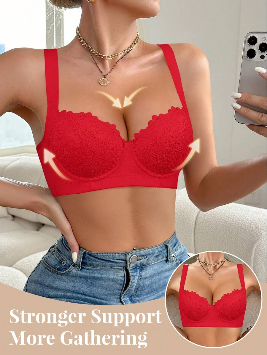 Bra Push-Up Berenda untuk Wanita, Tali Bahu Lebar yang Nyaman, Mengangkat & Membentuk, Desain Racerback yang Bernapas, Cocok untuk Pemakaian Sehari-hari