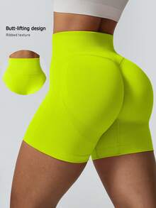 NcmRyu 1 buah Celana Pendek Olahraga Wanita Tanpa Jahitan, Elastis, Bergaris, Pinggang Tinggi, Mengangkat Bokong, Lembut, Nyaman - Lime Green - View 2