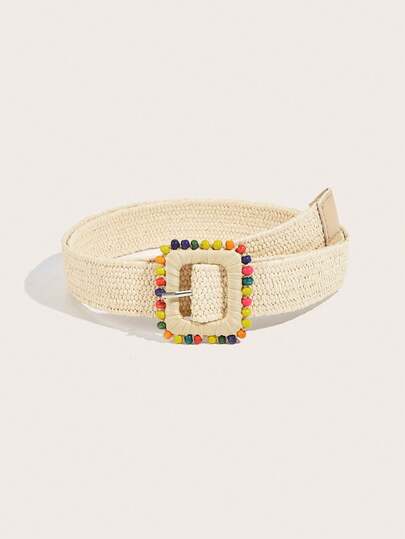 1pc Bohemian Vintage Women's PP Straw Woven Belt, With Asymmetrical Buckle And Bead Decor, Multipurpose For Daily Wear, Work, School
