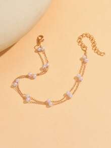1pc Minimalist Faux Pearl Double-Layer Chain Anklet, Suitable For Beach, Party, Daily Wear, Birthday, Holiday, Perfect Gift - Gold - View 5