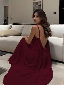 Women's Solid Color Cami Lounge Dress, Elegant Sleeveless Long Dress For Summer, Ladies Sleepwear For Indoor Wear,Summer Outfits,Vacation Outfits Women - Màu Đỏ Sâu - Xem 1