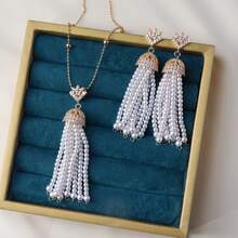 1 Set de joyería elegante y encantadora de estilo de Oriente Medio con cadena de suéter y aretes de perlas falsas, sofisticada y versátil para bodas, fiestas y eventos - conjunto de joyas para mujer - Ver 3