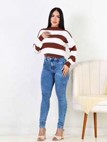 Women's Striped High Neck Knit Sweater, Winter Blouse - 鏽棕色 - 查看 2