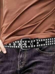 1件男女通用铆钉腰带，金属方珠金字塔腰带，欧美朋克风格配饰 - 黑色 - 查看 3