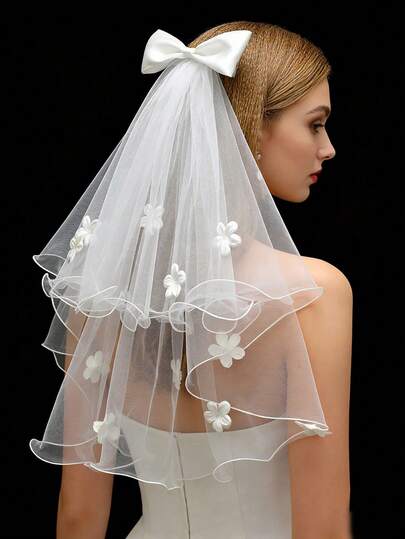 1pc Ethereal Flower & Bow Bridal Headpiece, Suitable For Wedding, Studio Photography, Women's Bridal Hair Accessory (Hairclip Style)