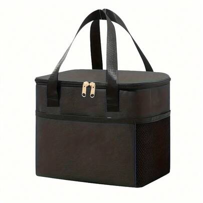 Insulated Lunch Bag With Aluminum Lining And Double Layer, Large Capacity Oxford Cloth Square Thermal Cooler Tote Bag With Front Pocket And Side Pockets, Portable Food Storage Bag For Office, Picnic, Camping, Travel - Handwashable