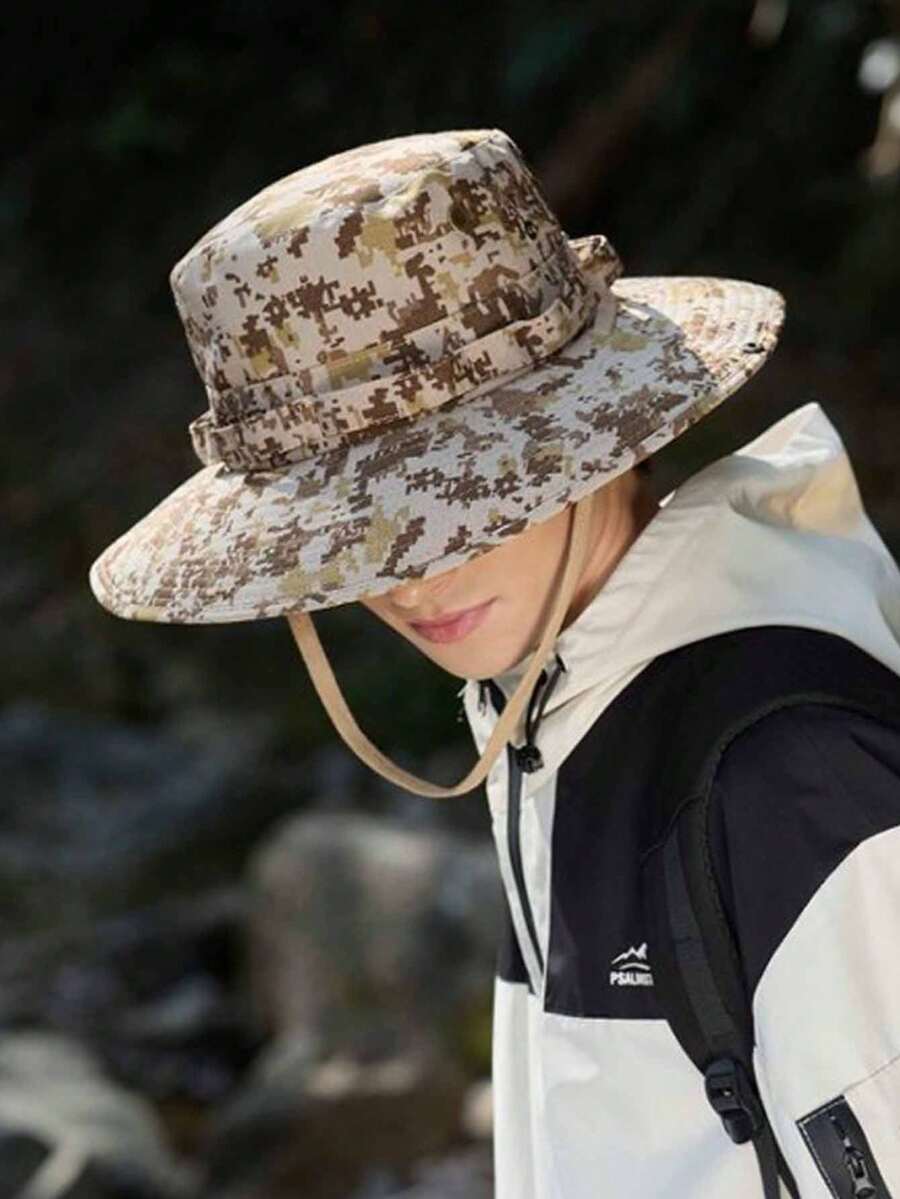 1pc Western Cowboy Style Outdoor Camping Sun Protection Fishing Hat, Men's Breathable Camo Hiking Tactical Hat, Spring/Summer - A - View 1