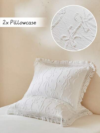 2pcs Boho Style White Bow Tufted Jacquard Embroidered Decorative Pillow Covers With Tassels, Vintage Farmhouse Throw Pillow Covers For Sofa, All Seasons, Home Decor, Soft & Breathable, Machine Washable, Great Gift, Inserts Not Included