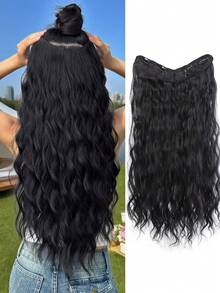 Extensiones de cabello sintético de fibra resistente al calor, estilo ondulado, de 26 pulgadas de largo, con degradado en forma de V en color negro, adecuadas para mujeres y niñas para fiestas y uso diario. Incluye pasadores, accesorios y pinzas - Multicolor - Ver 11