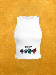 Whysmera SHEIN X Harry Potter Top sin mangas estampado para mujer - Cómodo y de moda, una pieza esencial para el armario de verano - Blanco - Ver 1