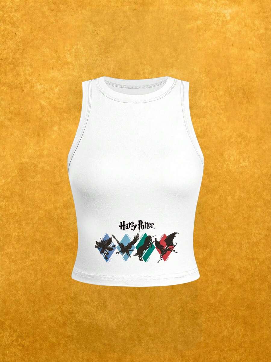 Whysmera SHEIN X Harry Potter Top sin mangas estampado para mujer - Cómodo y de moda, una pieza esencial para el armario de verano - Blanco - Ver 1