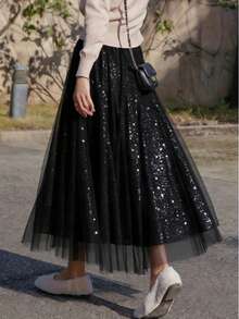 Spring/Summer New Versatile Pink Sequin Skirt, Pink Mesh A-Line Skirt, Pleated Flared Skirt Black - Black - View 7