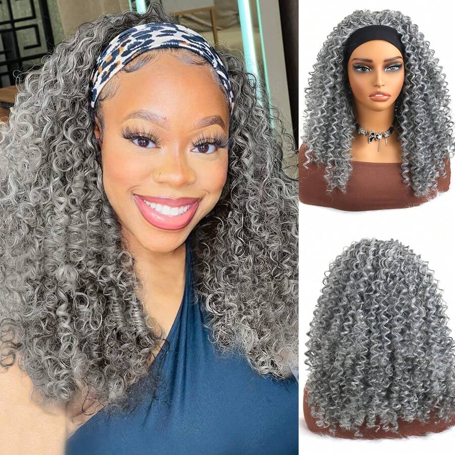 Curly Grey Headband Wigs For Women 16inch Short Salt And Pepper Headband Wig For Women Curly Half Wigs With Headbands Attached Daily Use (Gray#, 16inch) - 灰色 - 查看 1