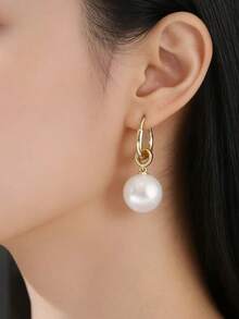 一对优雅铜镶珍珠吊坠耳环，精致高端女士耳环，适合派对和约会礼物 - 珍珠 - 查看 3
