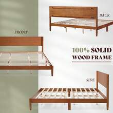 Solid Wood Bed Frame For Bedroom Furniture, Mid Century Modern Platform Bed With Full Panel Headboard, Noise Free Mattress Support And Under Bed Storage - 棕色胡桃木 - 查看 10