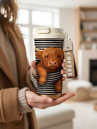 Highland Cow Striped Insulated Tumbler With Handle, Stainless Steel Thermal Coffee Cup Keeps Hot 6-12 Hours, Cold 12-24 Hours, Portable Reusable Water Bottle Suitable For Office, Commuting, Walking, Cute Gift For Women, Girls And Animal Lovers