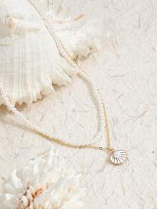 2pcs Ocean Style Enamel Scallop & Pearl Pendant Necklace, Faux Pearl Beaded Chain Double Layer Necklace For Women - Gold - View 4