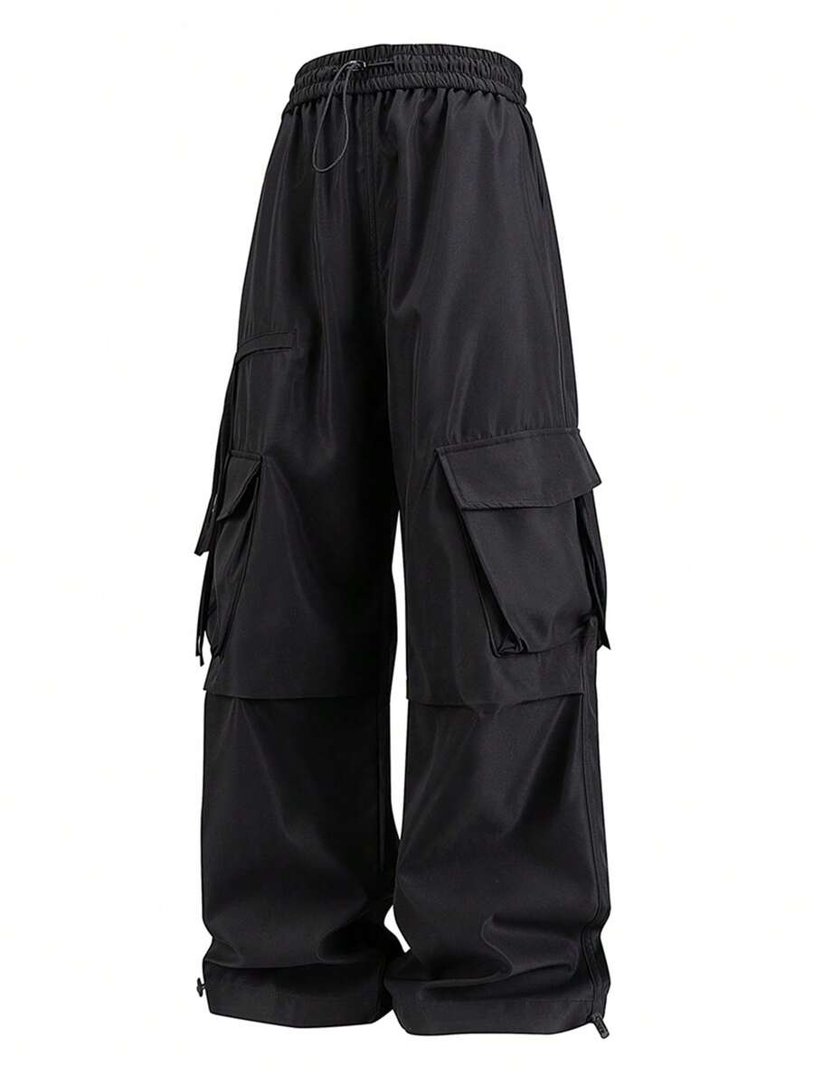 Women's High Waisted Baggy Cargo Pants, Multi Pockets With Drawstring Hem For Streetwear & Casual Black - Black - View 1