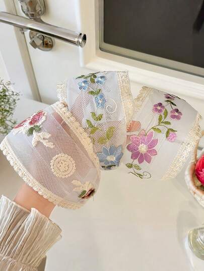 1/3pcs Women New Lace Embroidered Netting Flower Wide-Edge Hairband, With A Pastoral Style, Versatile And Suitable For All Occasions, A Casual Hair Accessory Headwear.
