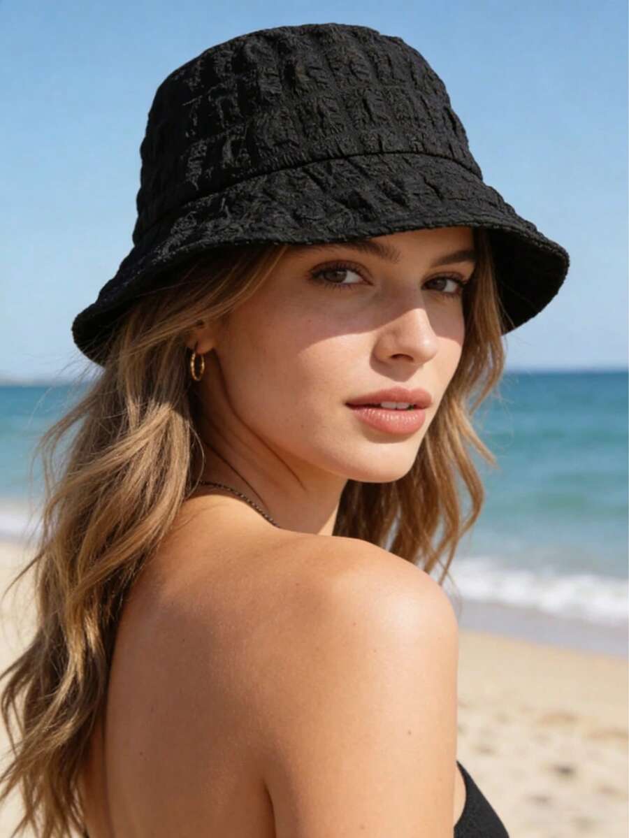 1顶柔软泡泡雪纺渔夫帽，褶皱渔夫帽，女童泡泡帽，防晒渔夫帽，钓鱼帽，女士户外遮阳帽，必备露营遮阳帽，夏季，沙滩 - 彩色 - 查看 1