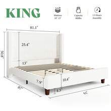Queen/King/California King Size Platform Bed Frame With 50.8" Corduroy Upholstered Bed, Vertical Channel Tufted Wingback Headboard, Wooden Slats Support, No Box Spring Required - White - View 4