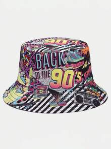 1顶男女通用复古经典“80、90年代”卡带收音机涂鸦印花双面渔夫帽，轻便透气宽檐遮阳帽，百搭休闲街头风，适合各种场合 - A - 查看 16