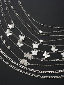8pcs Bohemian Style Butterfly & Heart Anklet Set, Suitable For Women, Couples, Sisters, Summer Holiday, Date, Daily Casual, Wedding Party, Gift For Mom, Friends, Sisters - Silver - View 2