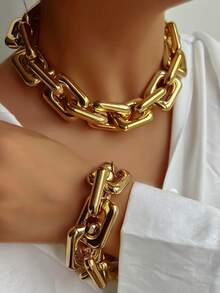 1 Set Women's Retro Minimalist Flat Metal Cuban Link Necklace And Bracelet Set, Suitable For Daily Wear, Weddings, Brides, Parties And Celebrations - Yellow Gold - View 1