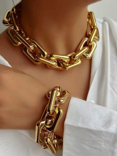 1 Set Women's Retro Minimalist Flat Metal Cuban Link Necklace And Bracelet Set, Suitable For Daily Wear, Weddings, Brides, Parties And Celebrations