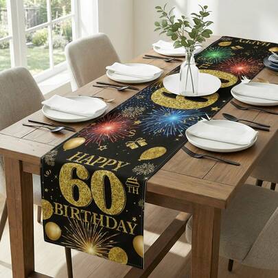 1pc 60th Anniversary Printed Table Runner, Suitable For Holidays, Parties, Birthdays, Dinners, Restaurant Table Decor, All Seasons, Home Decor